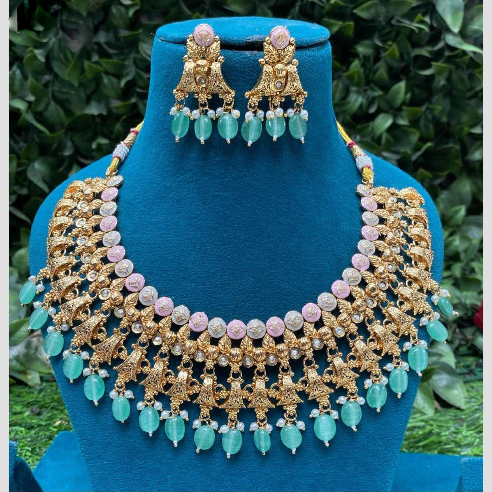 Amoliya Jewels Elegant Gold Plated Pota Stone And Beads Meenakari Necklace Set