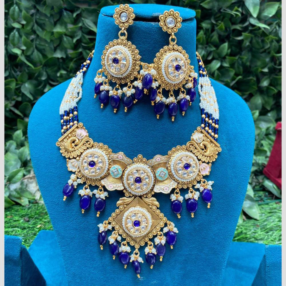 Amoliya Jewels Elegant Gold Plated Pota Stone And Beads Meenakari Necklace Set