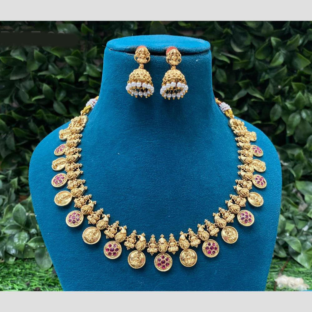 Amoliya Jewels Elegant Gold Plated Pota Stone And Temple Necklace Set