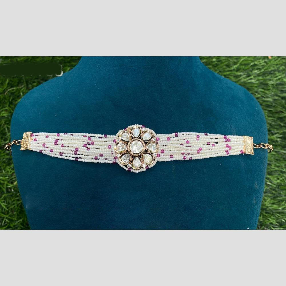 Amoliya Jewels Gold Plated Polki Kundan Stone And Pearls Adjustable Bracelet