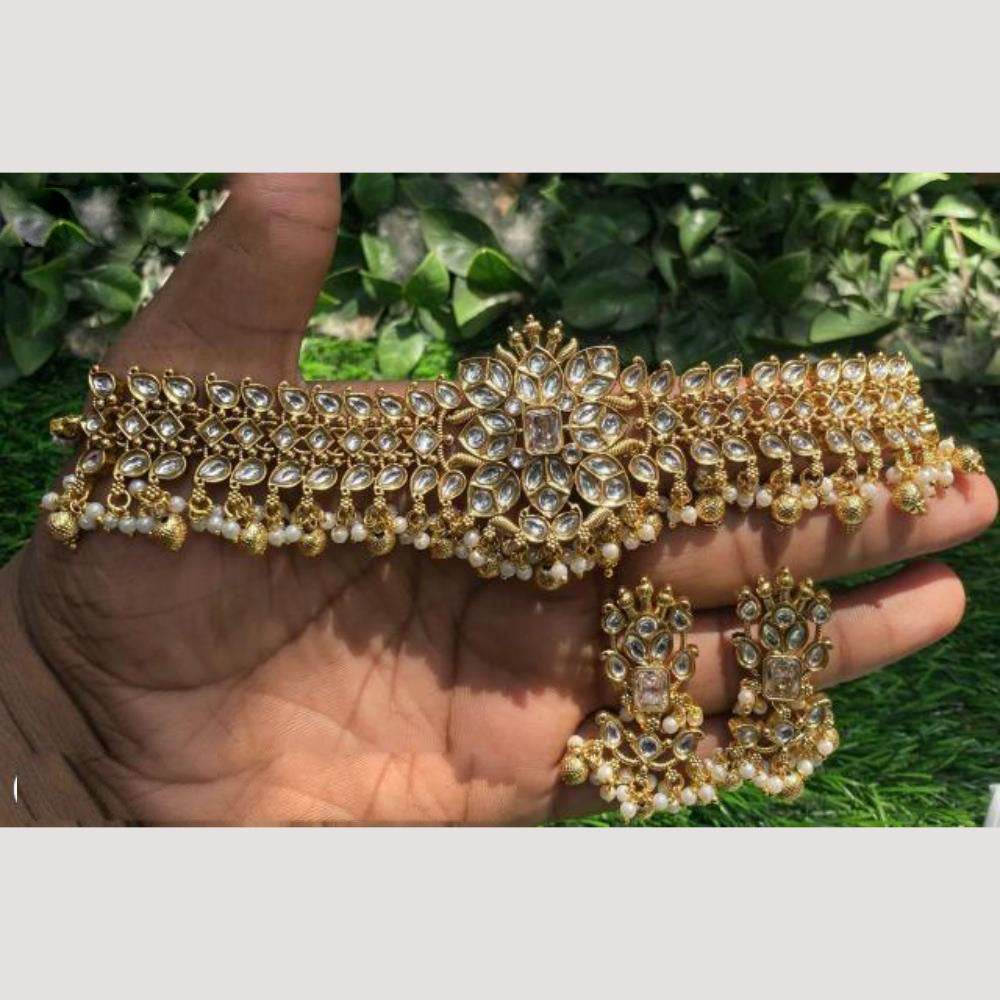 Amoliya Jewels Gold Plated Polki Kundan And Beads Choker Necklace Set