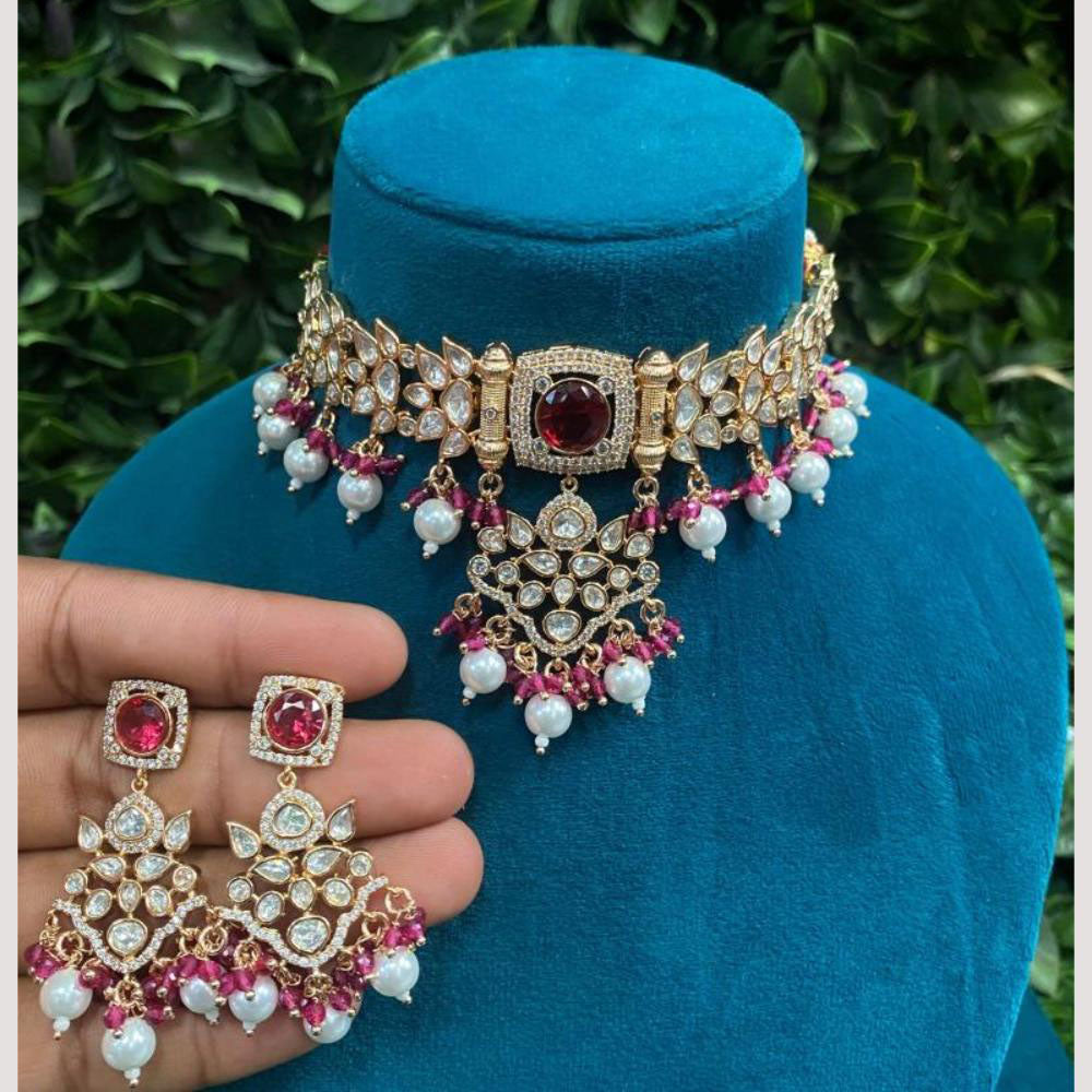 Amoliya Jewels Gold Plated Polki Kundan And Beads Choker Necklace Set