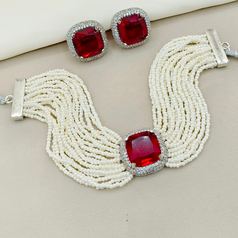 Amoliya Jewels Silver Plated American Diamond And Pearls Choker Necklace Set