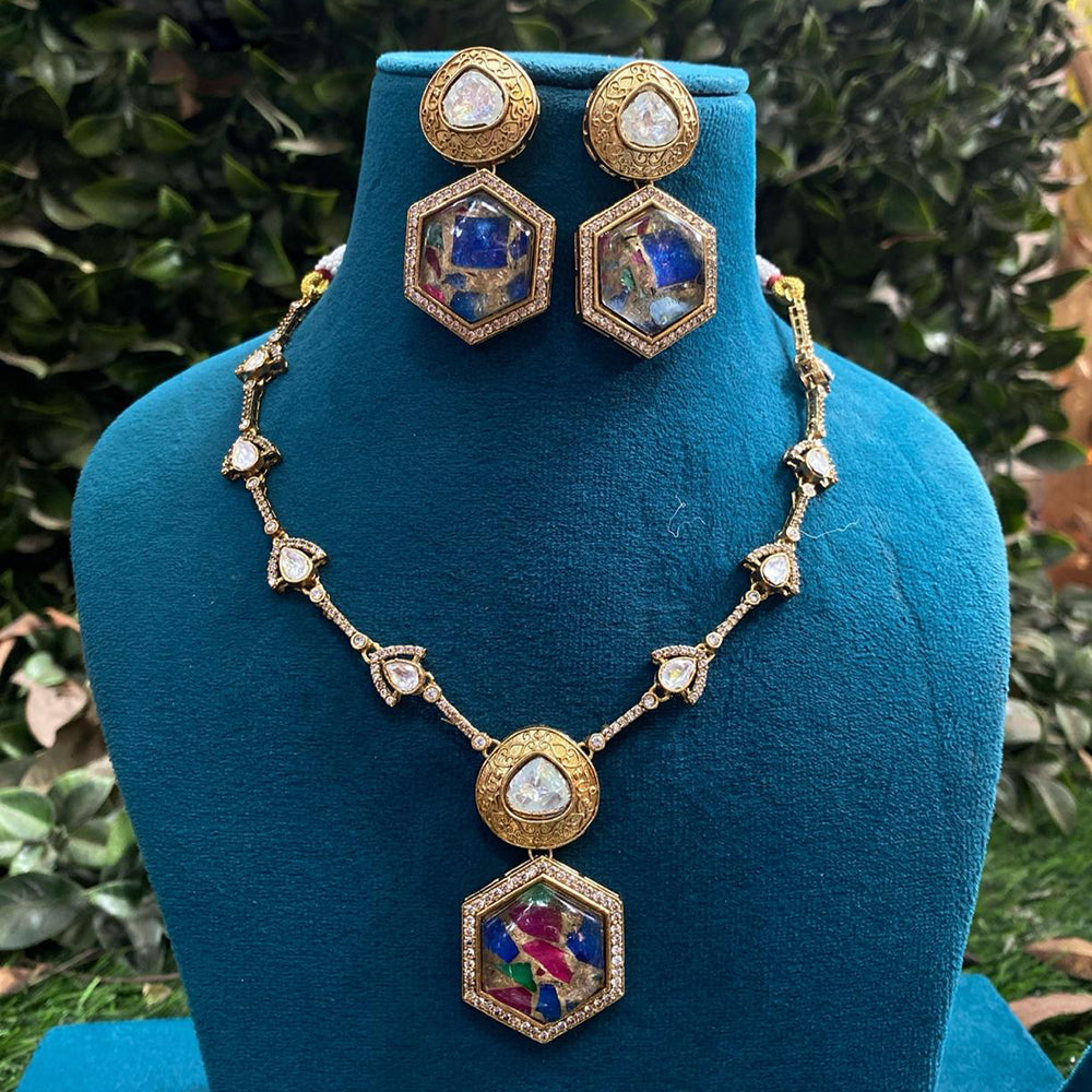 Amoliya Jewels Gold Plated Polki Kundan And Druzy Stone Necklace Set