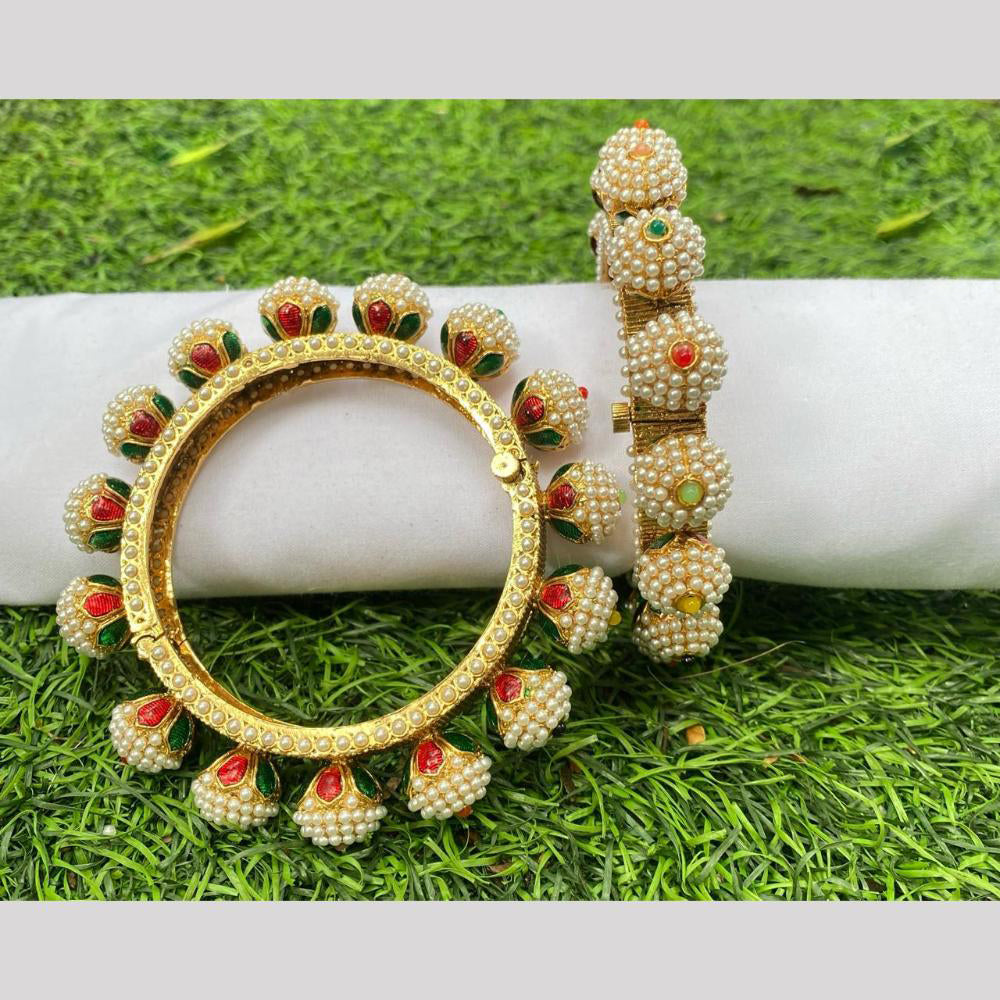 Amoliya Jewels Gold Plated Pota Stone And Pearls Openable Bangles Set
