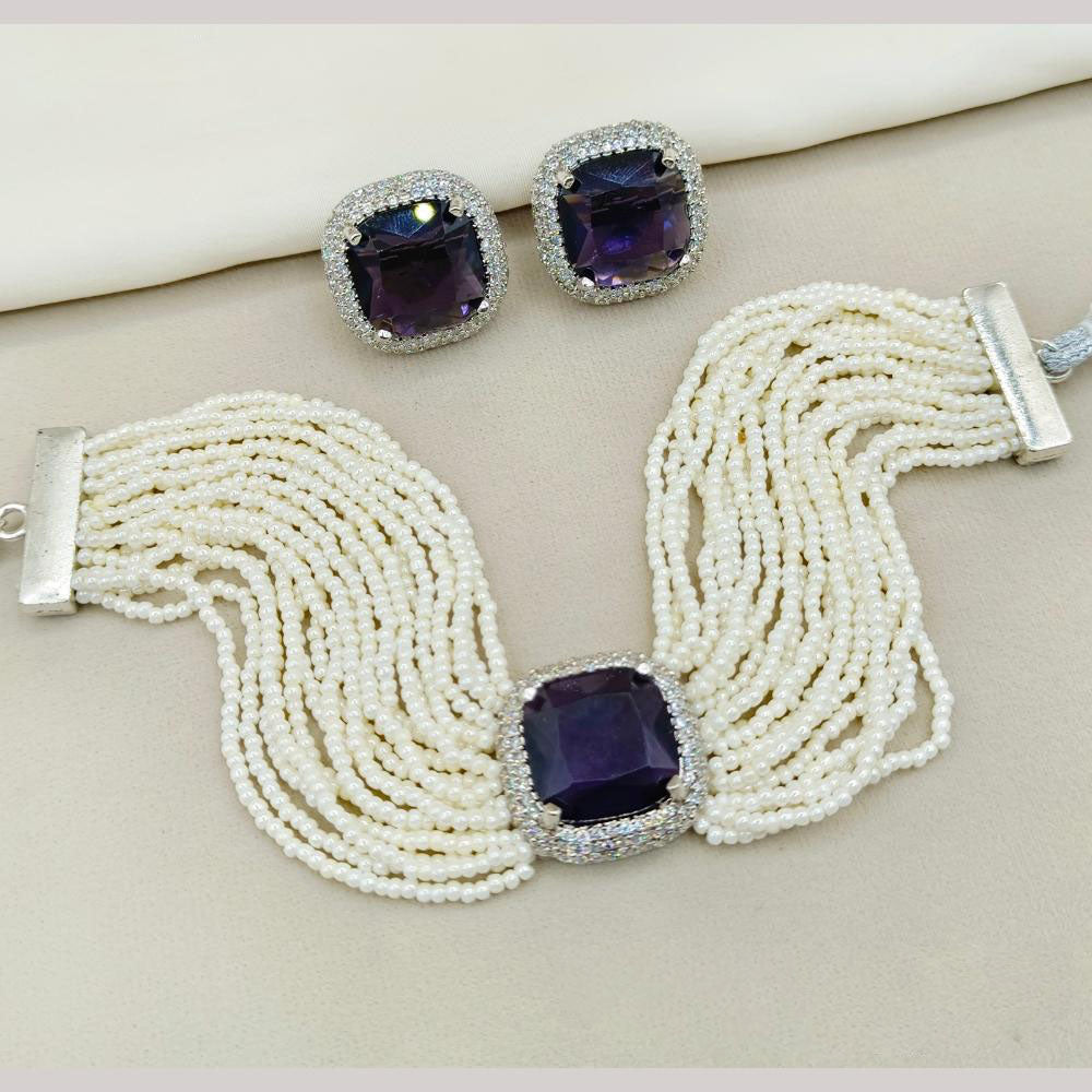 Amoliya Jewels Crystal Stone Peal Choker Necklace Set