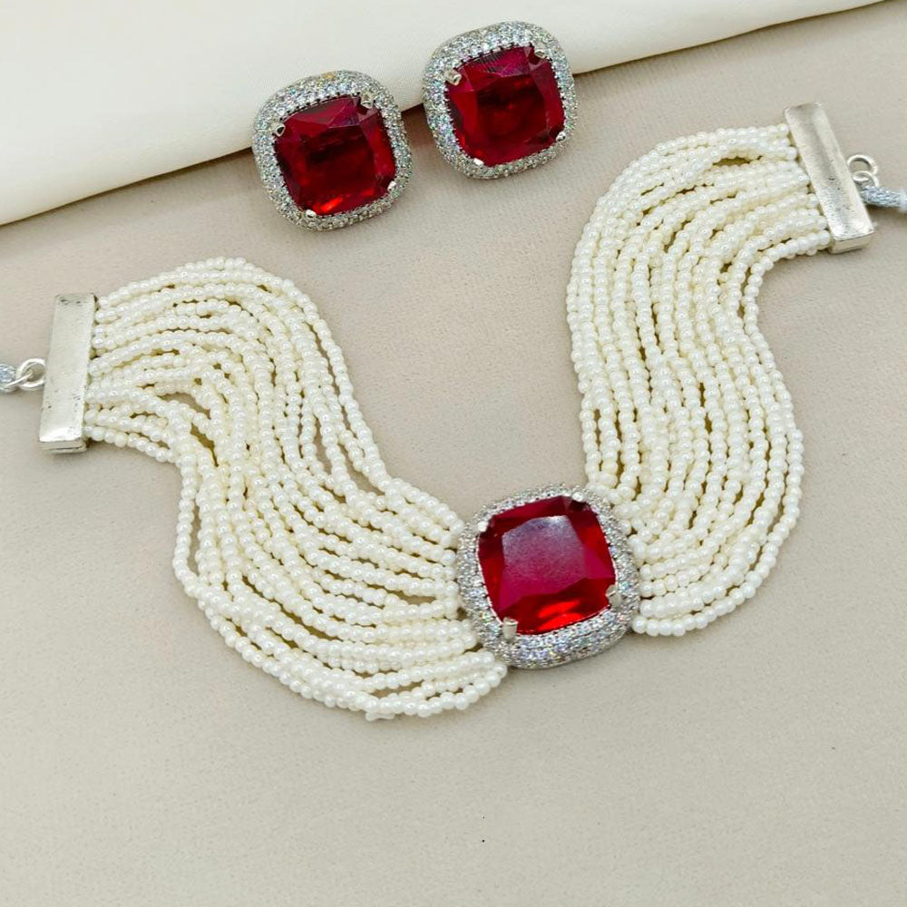 Amoliya Jewels Crystal Stone Peal Choker Necklace Set