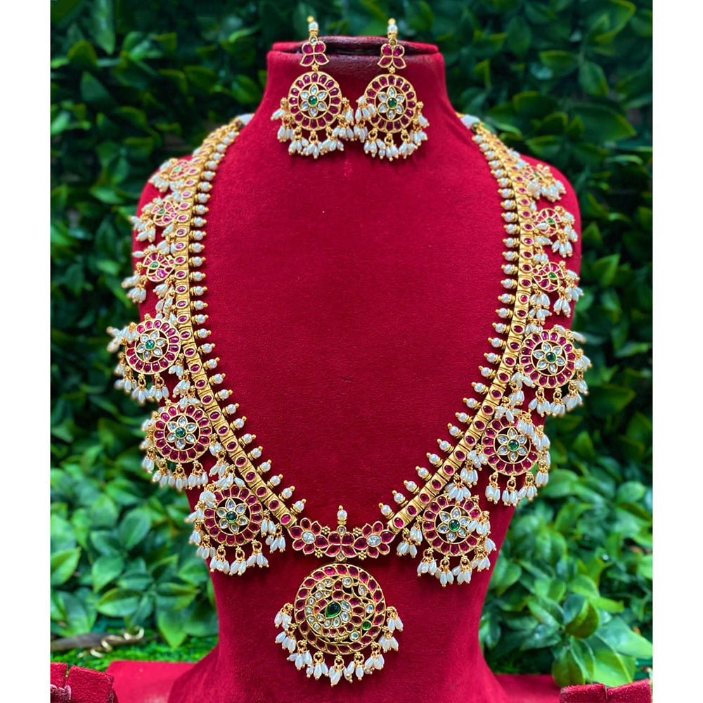 Amoliya Jewels Premium Pota Stone And Pearl Long Necklace Set