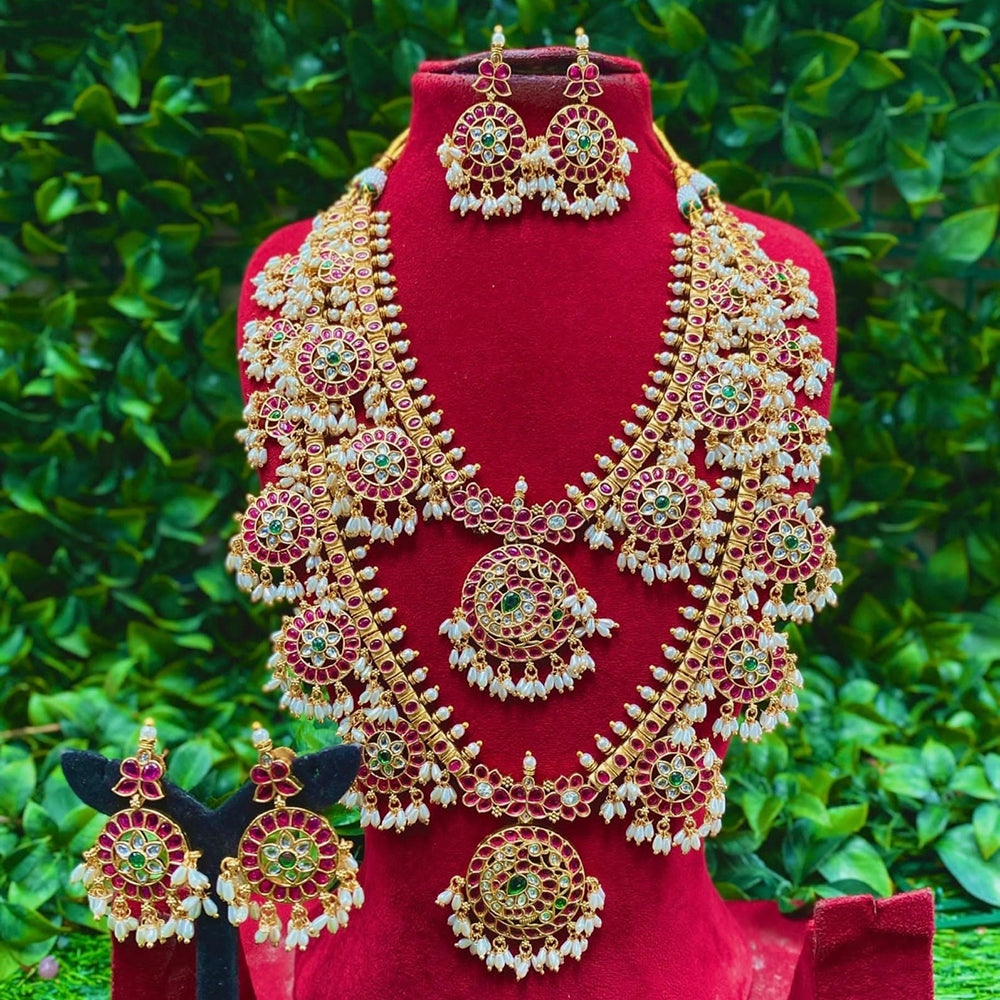 Amoliya Jewels Grand Pota Stone And Pearl Dual Necklace Set