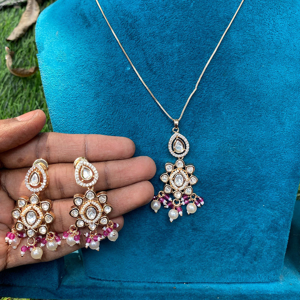 Amoliya Jewels Regal Polki Kundan Stone And Pearl Chain Pendant Set