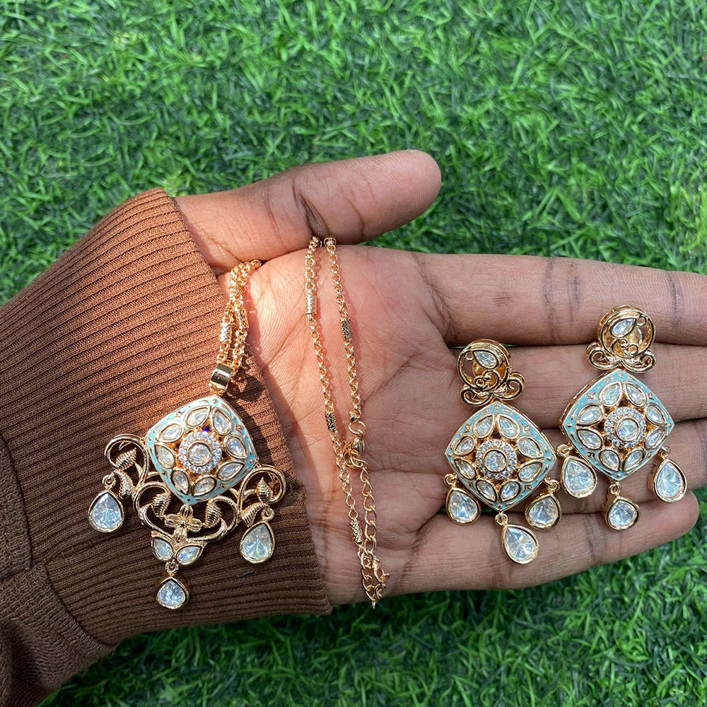 Amoliya Jewels Regal Polki Kundan Stone And Pearl Chain Pendant Set