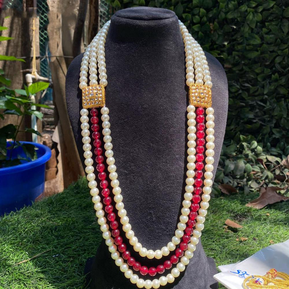 Amoliya Jewels Sophisticated Triple Pearl Kundan Stone And Beads Long Necklace
