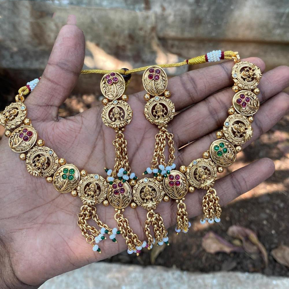 Amoliya Jewels South Indian Style Pota Stone And Pearl Temple Necklace Set