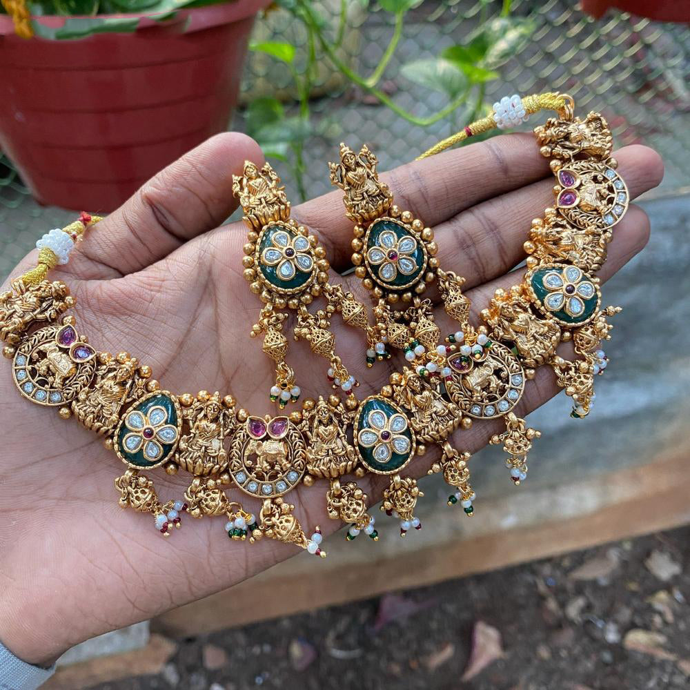 Amoliya Jewels South Indian Style Pota Stone And Pearl Temple Necklace Set