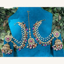 Amoliya Jewels Designer Pota Stone Pearl And Crystal Jhumki Set With Maangtikka