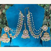 Amoliya Jewels Designer Pota Stone Pearl And Crystal Jhumki Set With Maangtikka