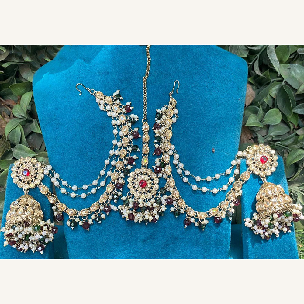 Amoliya Jewels Designer Pota Stone Pearl And Crystal Jhumki Set With Maangtikka