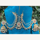 Amoliya Jewels Designer Pota Stone Pearl And Crystal Jhumki Set With Maangtikka
