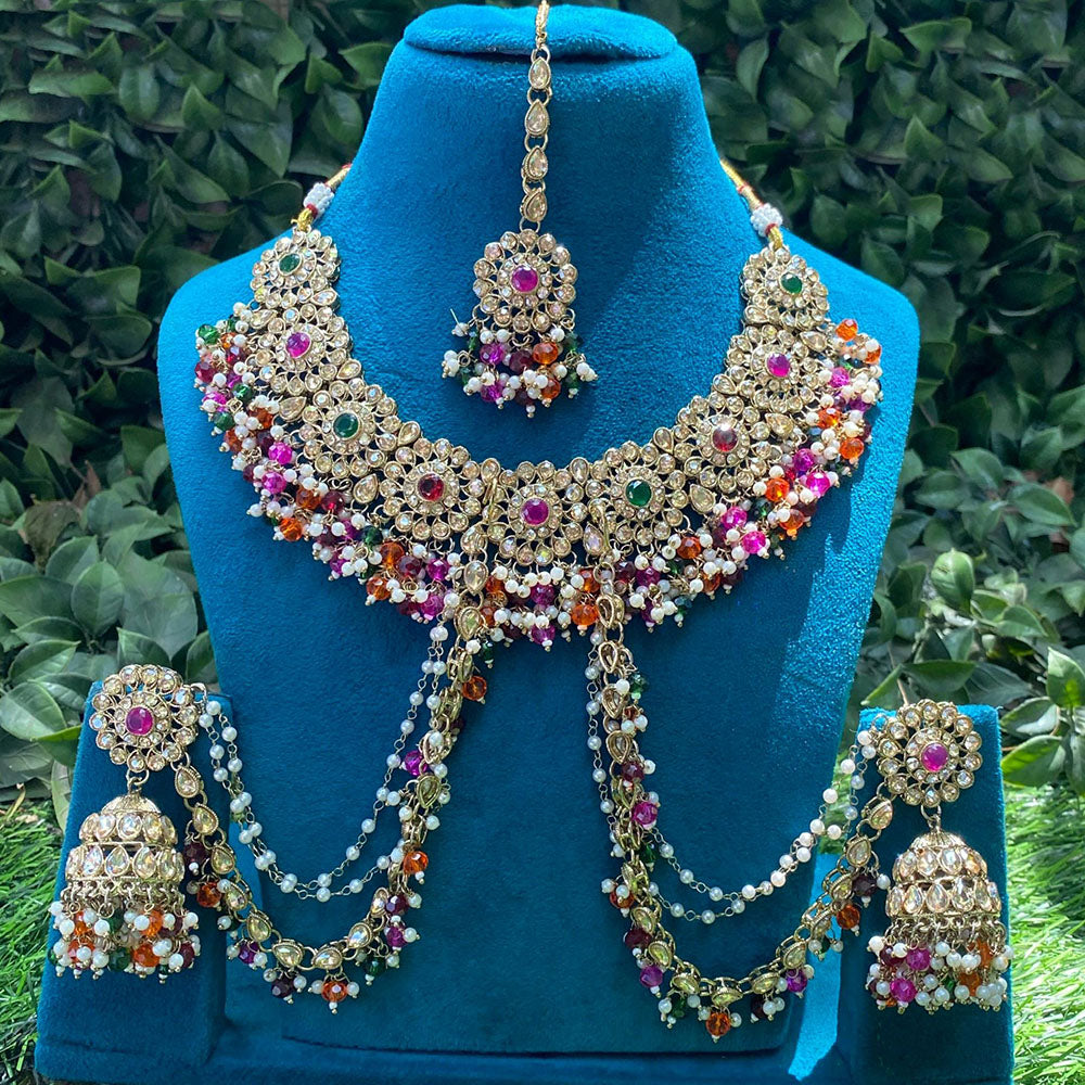 Amoliya Jewels Designer Pota Stone Pearl And Crystal Jhumki Set With Maangtikka