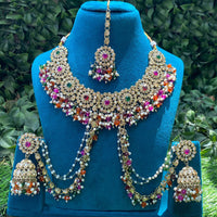 Amoliya Jewels Designer Pota Stone Pearl And Crystal Jhumki Set With Maangtikka