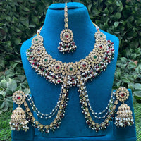Amoliya Jewels Designer Pota Stone Pearl And Crystal Jhumki Set With Maangtikka