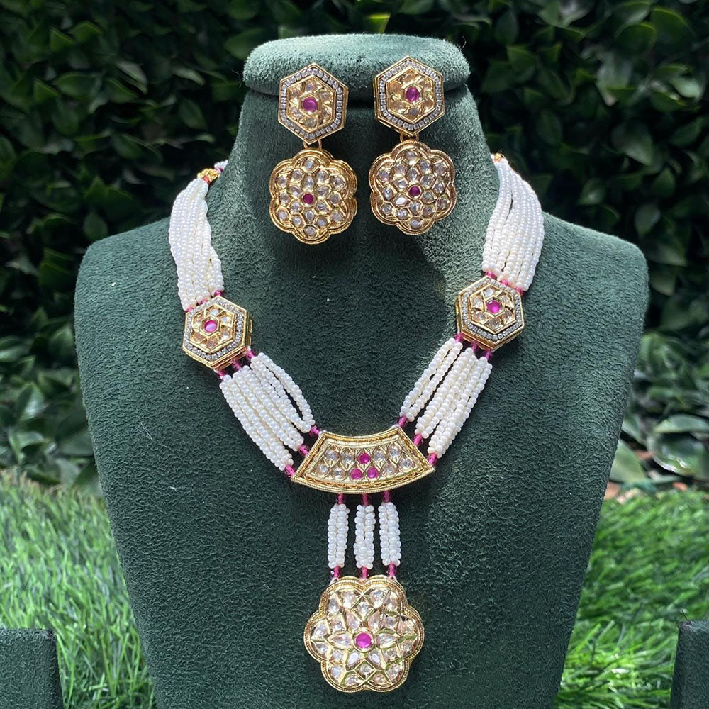 Amoliya Jewels Trendy Ethnic Polki Kundan Stone And Pearl Necklace Set