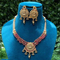 Amoliya Jewels Gold Plated Pota Stone And Pearls Temple Necklace Set