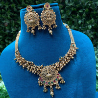 Amoliya Jewels Gold Plated Pota Stone And Pearls Temple Necklace Set
