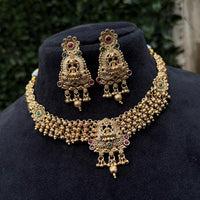 Amoliya Jewels Gold Plated Pota Stone And Pearls Temple Necklace Set