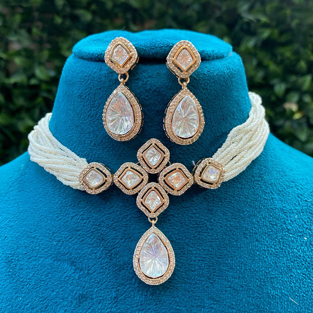 Amoliya Jewels Luxury Polki Kundan Stone Pearl Choker Necklace Set