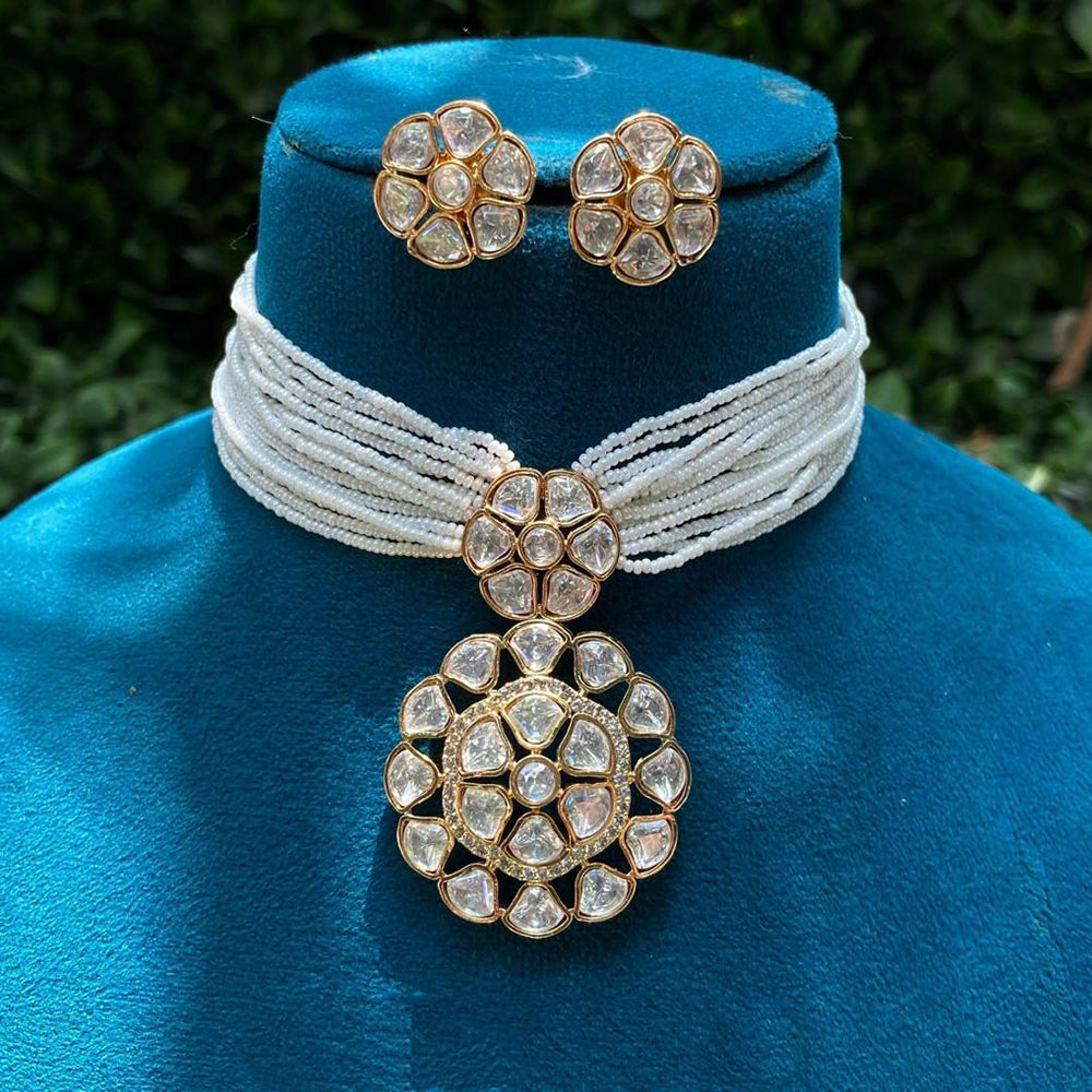 Amoliya Jewels Royal Polki Kundan Stone And Pearl Choker Necklace Set