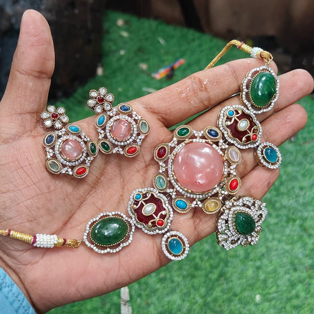Amoliya Jewels Glamorous Multi Color Pota Stone Choker Necklace Set