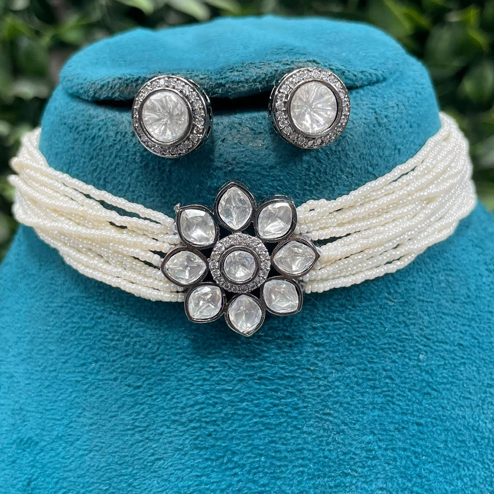 Amoliya Jewels Royal Black Polish Polki Kundan Stone And Pearl Choker Necklace Set