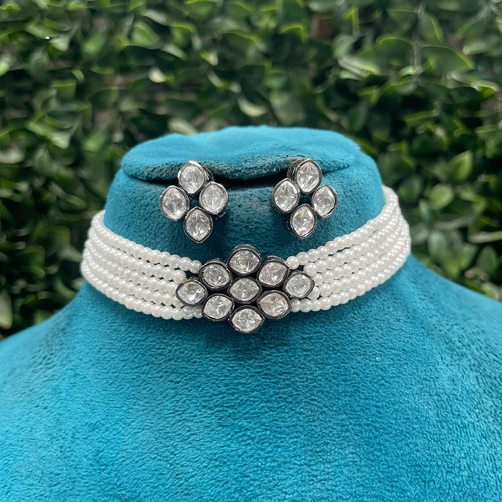 Amoliya Jewels Royal Black Polish Polki Kundan Stone And Pearl Choker Necklace Set