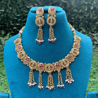 Amoliya Jewels Traditional Pota Stone And Pearl Temple Necklace Set