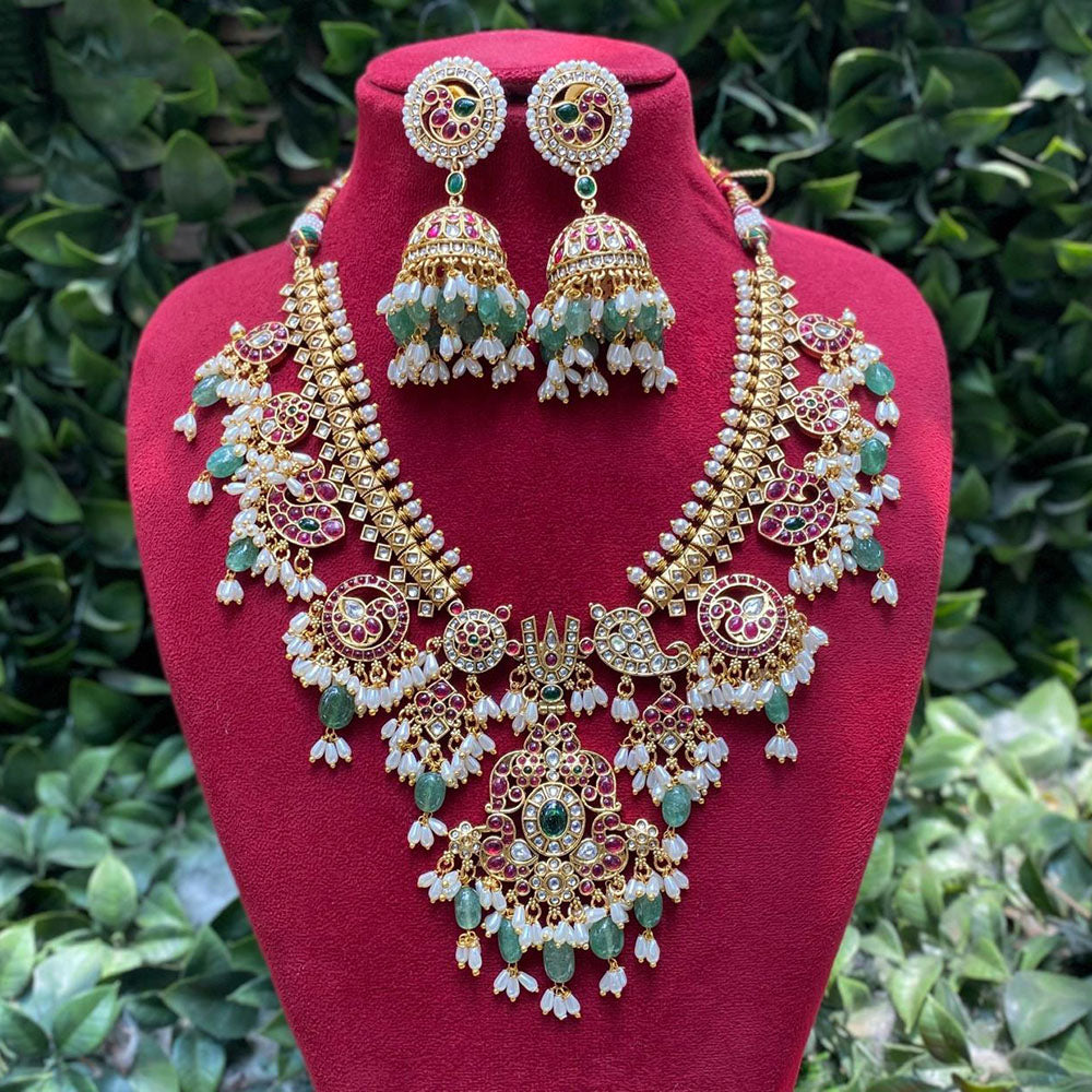 Amoliya Jewels Premium Pota Stone And Pearl Necklace Set 