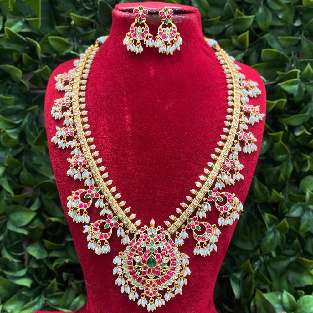 Amoliya Jewels Premium Pota Stone And Pearl Long Necklace Set 
