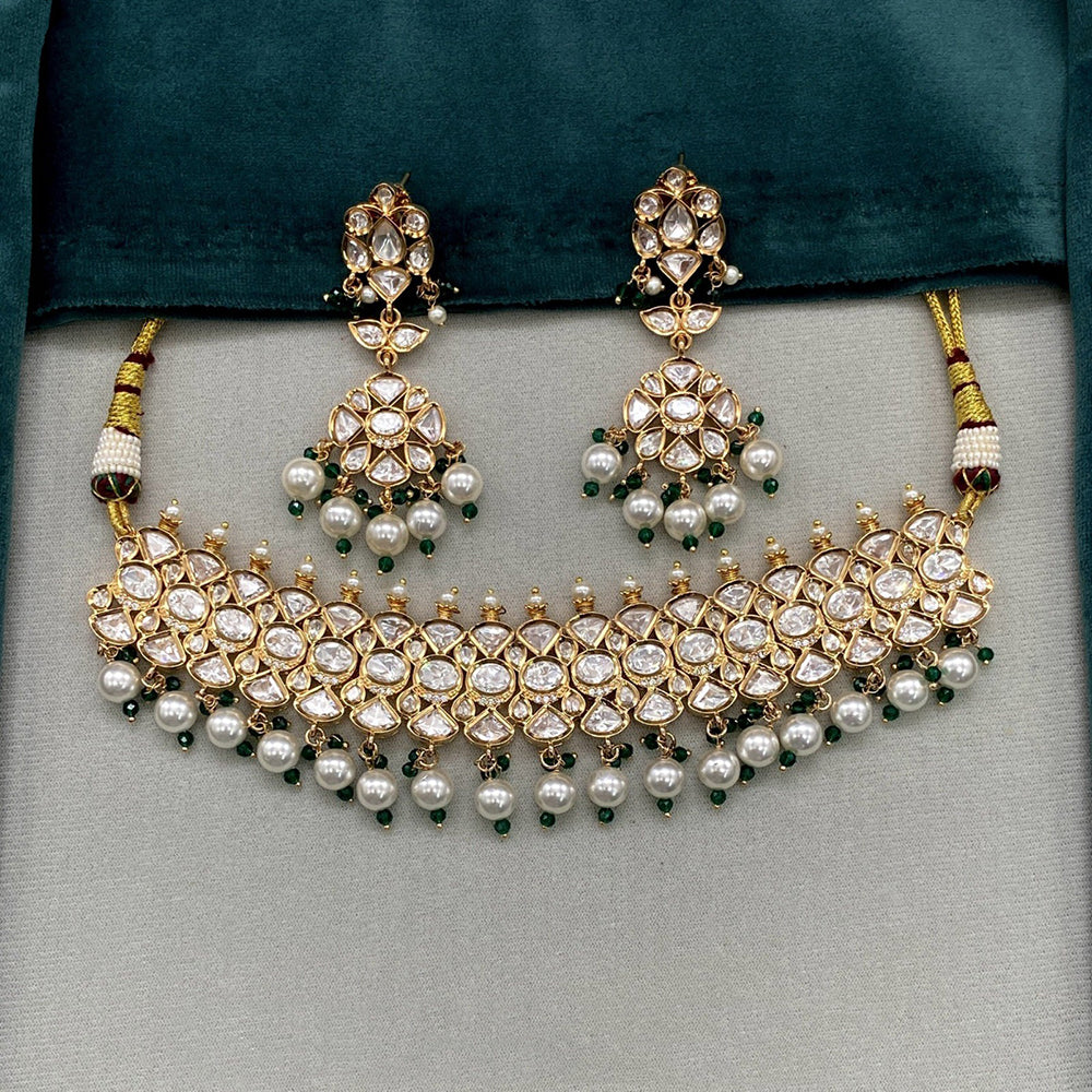 Amoliya Jewels Classic Polki Kundan Stone And Pearl Choker Necklace Set