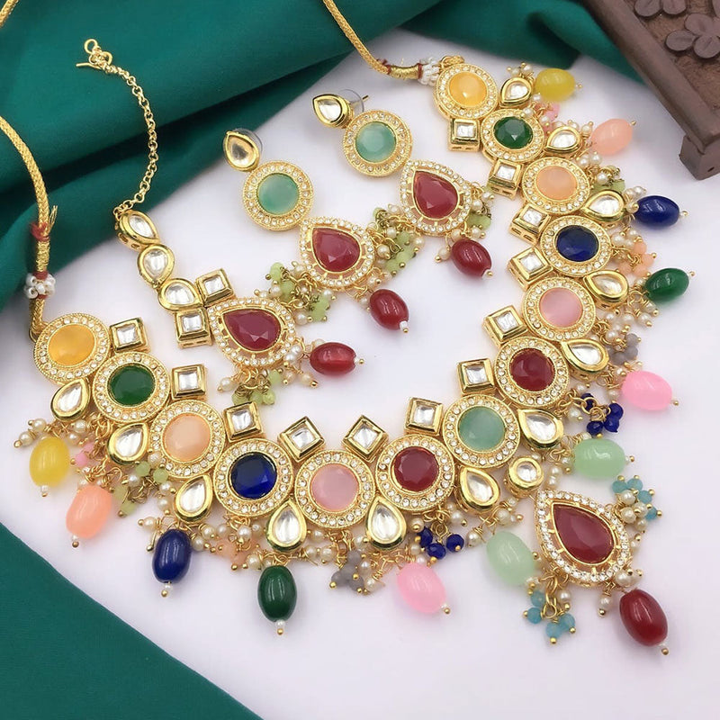 5G Jewellery Gold Plated Kundan Stone And Beads  Necklace Set