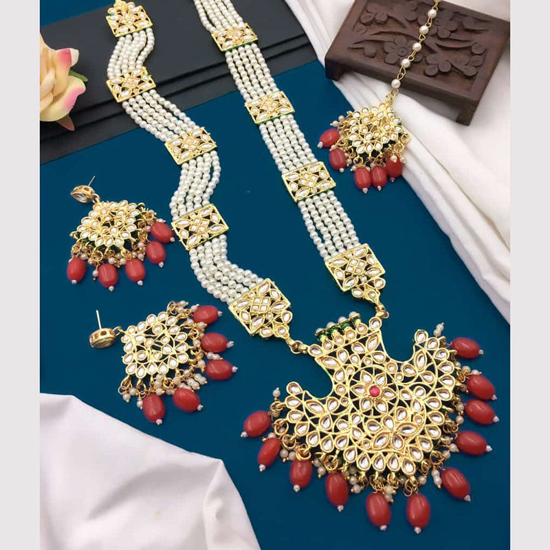 5G Jewellery Gold Plated Kundan Stone And Beads Long Necklace Set