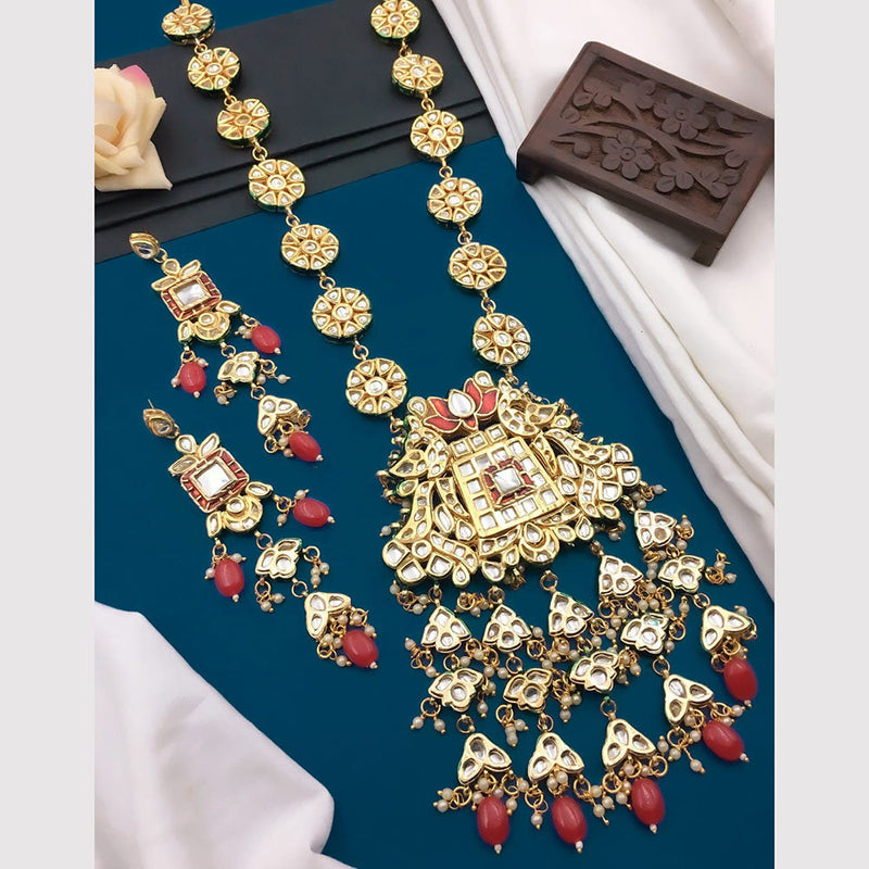 5G Jewellery Gold Plated Kundan Stone And Beads Long Necklace Set