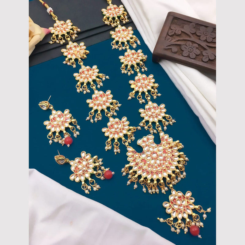 5G Jewellery Gold Plated Kundan Stone And Beads Long Necklace Set