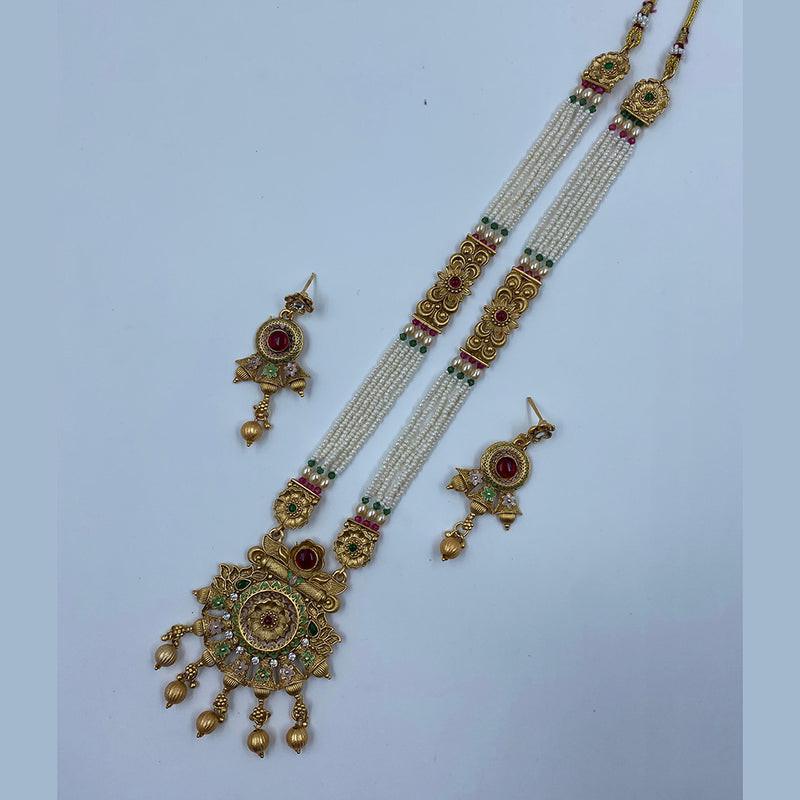 The Fashion Jewels Gold Plated Pota Stone And Pearl Long Necklace Set