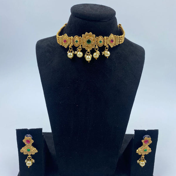 The Fashion Jewels Gold Plated Pota Stone And Pearl Choker Necklace Set