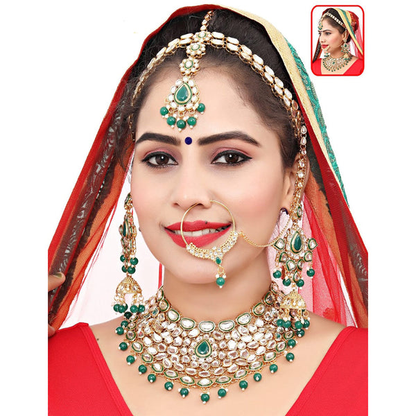 The Fashion Jewels Gold Plated Kundan Stone And Beads Semi Bridal Necklace Set