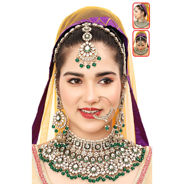 The Fashion Jewels Gold Plated Kundan Stone And Beads Semi Bridal Necklace Set