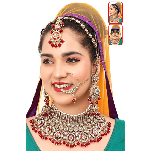 The Fashion Jewels Gold Plated Kundan Stone And Beads Semi Bridal Necklace Set