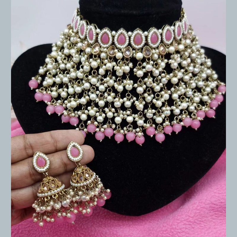 Anjali Jewellery Gold Plated Crystal Stone Pearl And Beads Choker Necklace Set