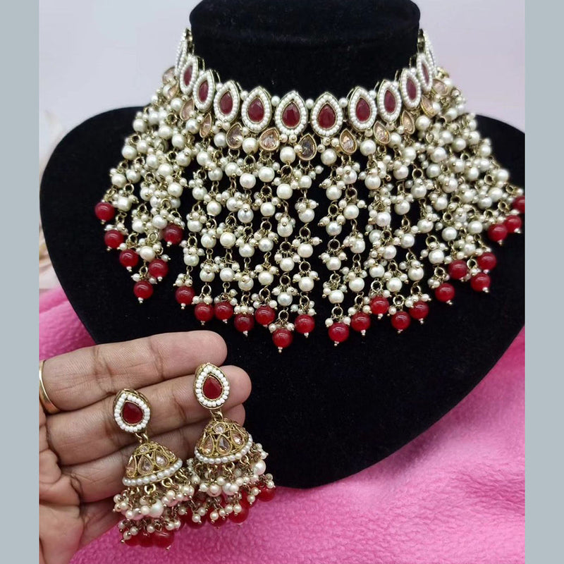 Anjali Jewellery Gold Plated Crystal Stone Pearl And Beads Choker Necklace Set