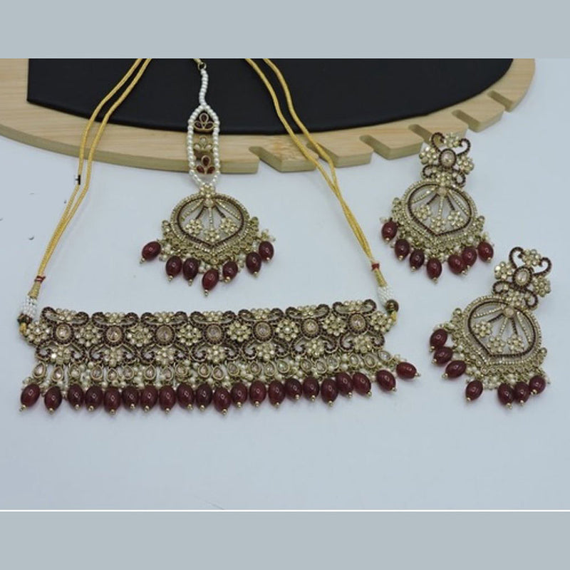 Anjali Jewellery Gold Plated Crystal Stone And Beads Choker Necklace Set